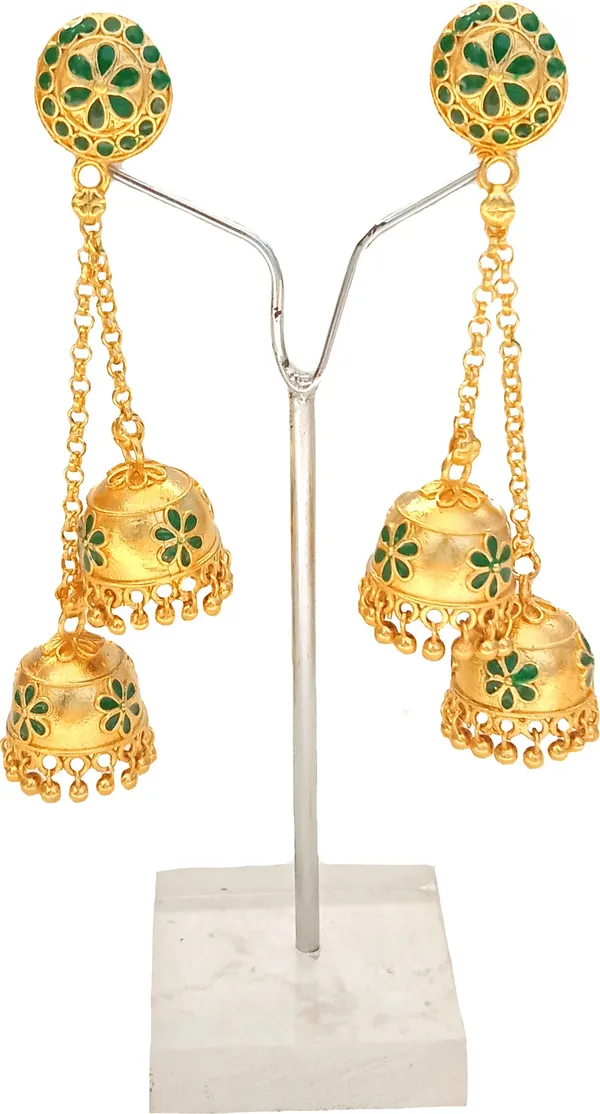 Assamese_Traditional_Gold_Plated_Green_Double_Jhumka_Earring_For_Girls_&_Women